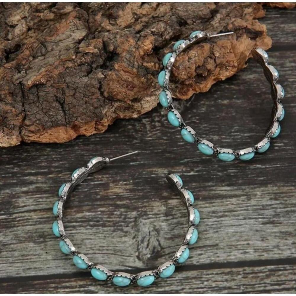 Large Turquoise‎ Silver Plated Hoop Earrings